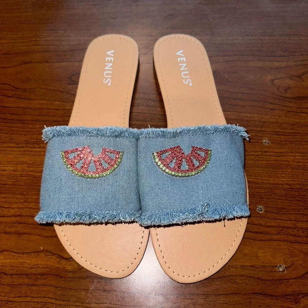 Venus Denim Raw Edge Distressed and Rhinestone Watermelon Slide Sandals Size 10 - Picture 1 of 3